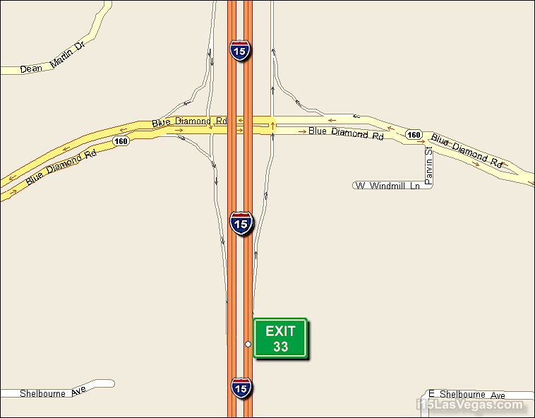 Map of Exit 33 North Bound on Interstate 15 Las Vegas at Blue Diamond Rd State Route 160