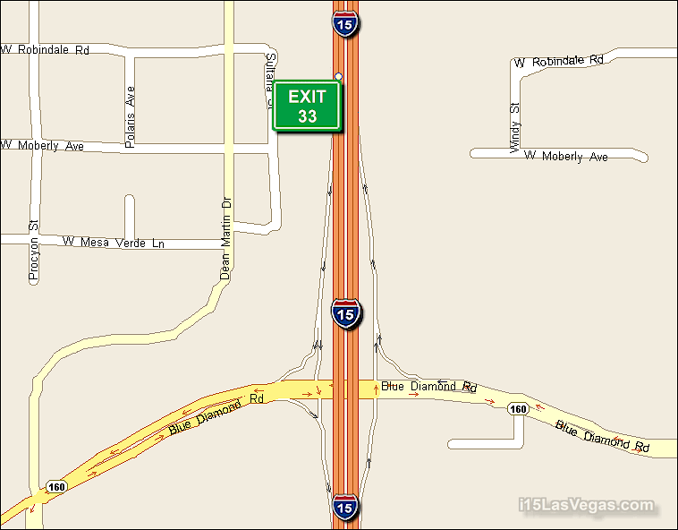 Map of Exit 33 South Bound on Interstate 15 Las Vegas at Blue Diamond Rd State Route 160