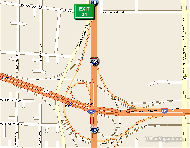 Map of Exit 34 South Bound on Interstate 15 Las Vegas at I-215 and CR 215