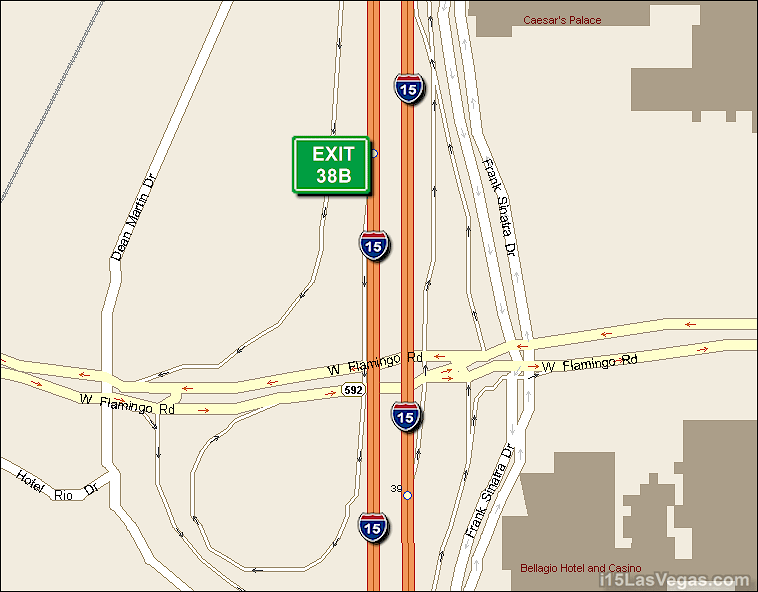 Map of Exit 38B South Bound on Interstate 15 Las Vegas at Flamingo Rd. SR 592