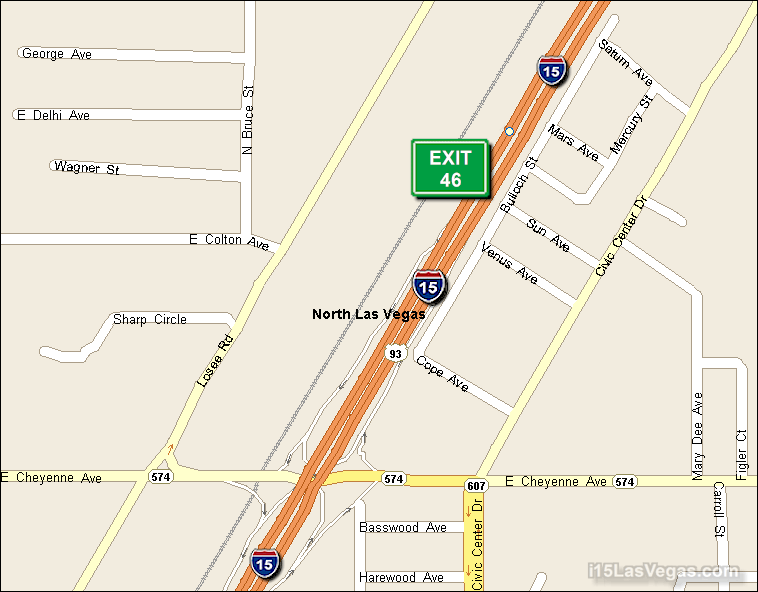 Map of Exit 46 South Bound on Interstate 15 Las Vegas at Cheyenne Ave SR 574